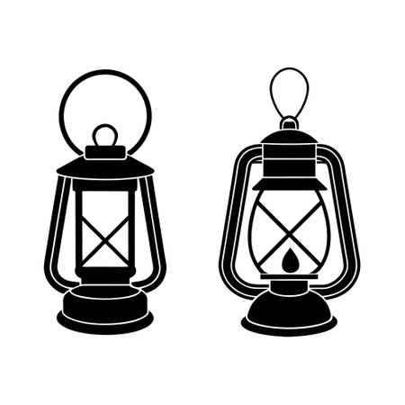 Set of 2 silhouette kerosene lamp icon vector illustration on white background.のイラスト素材