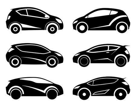 6 Car Side View Silhouette flat Illustration. Sleek Sedan Profile Clipart Set in Minimalist Black Vector Style. Perfect for Print, Web, Infographics,のイラスト素材