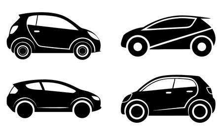 6 Car Side View Silhouette flat Illustration. Sleek Sedan Profile Clipart Set in Minimalist Black Vector Style. Perfect for Print, Web, Infographics,のイラスト素材