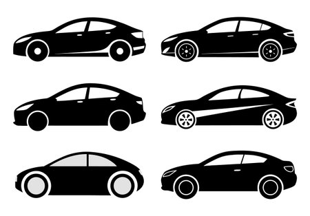 6 Car Side View Silhouette flat Illustration. Sleek Sedan Profile Clipart Set in Minimalist Black Vector Style. Perfect for Print, Web, Infographics,のイラスト素材