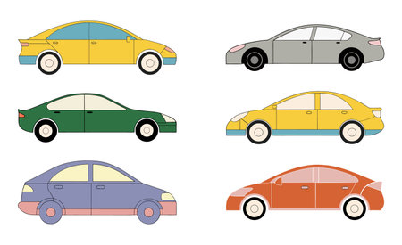 Colorful Side View Vector Car Silhouette Collection. Set of 6 modern compact sedans in flat style. Urban vehicle and transportation icon pack.のイラスト素材