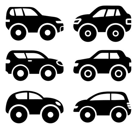Bold Cartoon SUV Car Silhouettes Vector Set. Unique and Trendy Vehicle Icons for Modern Design, Kids Books, Apps, and Illustrations.のイラスト素材