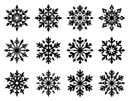 Elegant snowflake clipart silhouette set . Bold winter icons in black and white for seasonal design.のイラスト素材