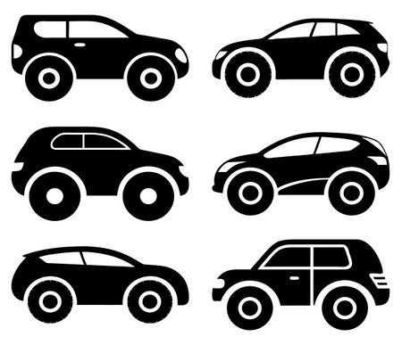 Bold Cartoon SUV Car Silhouettes Vector Set. Unique and Trendy Vehicle Icons for Modern Design, Kids Books, Apps, and Illustrations.のイラスト素材