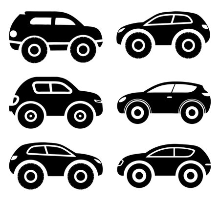 Bold Cartoon SUV Car Silhouettes Vector Set. Unique and Trendy Vehicle Icons for Modern Design, Kids Books, Apps, and Illustrations.のイラスト素材