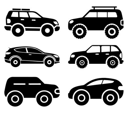 Bold Cartoon SUV Car Silhouettes Vector Set. Unique and Trendy Vehicle Icons for Modern Design, Kids Books, Apps, and Illustrations.のイラスト素材