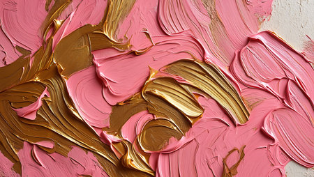 A stunning abstract oil painting featuring thick, expressive swirls of pink and gold. The texture and background color contrast create a vibrant and luxurious visual experience.の素材