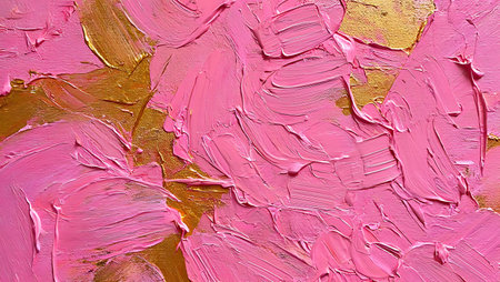 A stunning abstract oil painting featuring thick, expressive swirls of pink and gold. The texture and background color contrast create a vibrant and luxurious visual experience.の素材