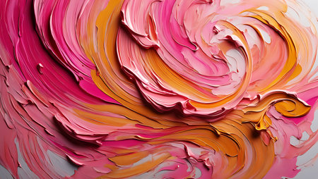 A stunning abstract oil painting featuring thick, expressive swirls of pink and gold. The texture and background color contrast create a vibrant and luxurious visual experience.の素材
