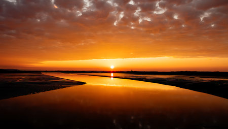 A breathtaking sunset descends over a tranquil river, casting a golden-orange glow across the horizon and reflecting vividly on the calm water surface. Dark silhouettes of trees frame the scene, creating a serene contrast to the warm gradient sky that shifts from deep orange to violet. This peaceful moment captures the natural beauty and stillness of twilight.の素材