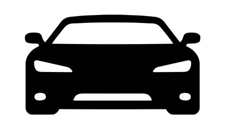 A sleek black and white car silhouette vector showing the front view of a modern automobile. Perfect for use in automotive branding, logos, web designs, and transportation-related graphics. Minimalistic and stylish design ideal for diverse creative projects.のイラスト素材
