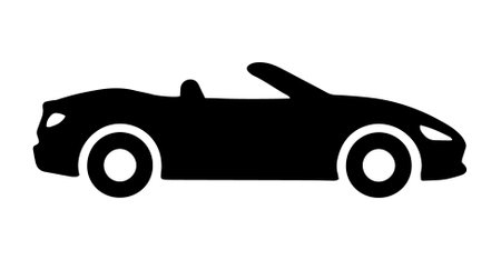 A sleek black silhouette of a sports convertible car in vector style, showcasing aerodynamic curves and modern wheels. Ideal for automotive branding, logos, and racing-related graphic design projects.のイラスト素材