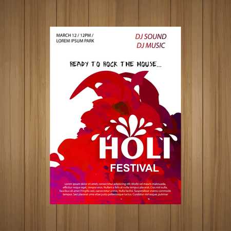 Happy Holi Festival. The Festival of Colors. White brochure having colorful watercolor, typography and sample text - For web design and application interface, also useful for infographics. Vector illustration.のイラスト素材
