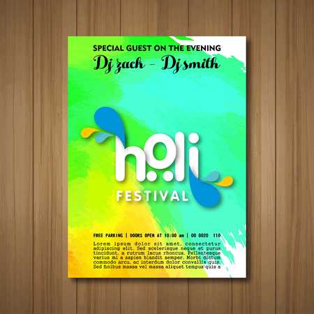 happy holi festival. white holi brochure having colorful watercolors, creative typography and sample text - For web design and application interface, also useful for infographics. Vector illustration.のイラスト素材