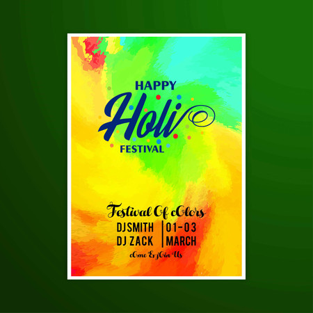 Happy Holi Festival. The Festival of Colors. White brochure having colorful watercolor, typography and sample text. For web design and application interface, also useful for infographics. Vector illustration.のイラスト素材