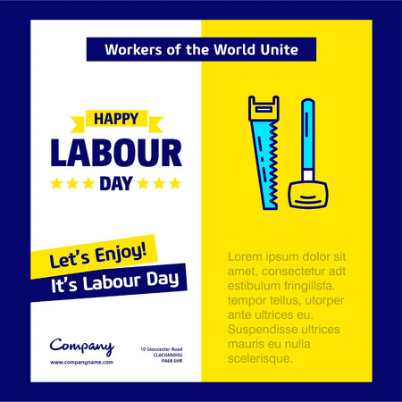 Happy Labour day design with blue and yellow theme vector with saw logo. For web design and application interface, also useful for infographics. Vector illustration.のイラスト素材