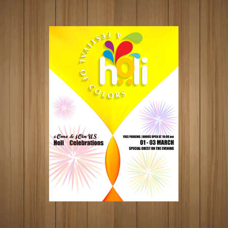 Happy Holi Festival. The Festival of Colors. White brochure having colorful watercolor, typography and sample text. For web design and application interface, also useful for infographics. Vector illustration.のイラスト素材