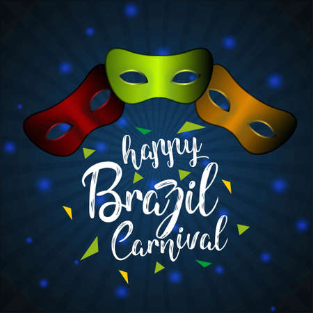 Happy Brazilian Carnival Day. red, green and orange carnival masksk with white creative typography on blue background. For web design and application interface, also useful for infographics. Vector illustration.のイラスト素材