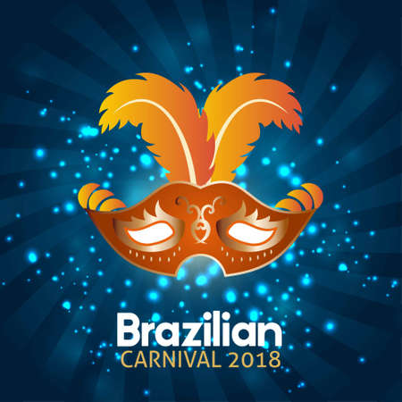 Blue abstract background with orange carnival mask and simple typography. For web design and application interface, also useful for infographics. Vector illustration.のイラスト素材