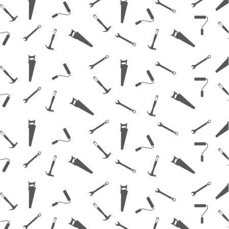 Vector seamless industrial pattern with repair working tool. Endless background with black building tool - ax, hammer, saw. Backdrop for building store or company. For web design and application interface, also useful for infographics. Vector illustration.のイラスト素材