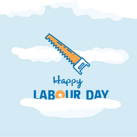 Happy Labour day design with vintage theme blue and orange with saw logo. For web design and application interface, also useful for infographics. Vector illustration.のイラスト素材