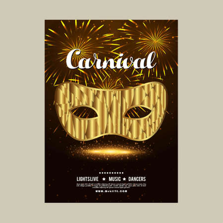 Happy Brazilian Carnival Day. brown and black carnival brochure with golden mask, white typography and sample text. For web design and application interface, also useful for infographics. Vector illustration.のイラスト素材