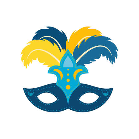 Happy Brazilian Carnival Day. Blue color carnival mask with colorful feathers on white background. For web design and application interface, also useful for infographics. Vector illustration.のイラスト素材