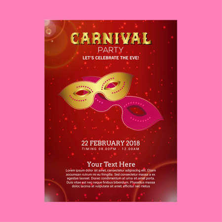 Happy Brazilian Carnival Day. Red carnival brochure with golden and pink mask and sample text. For web design and application interface, also useful for infographics. Vector illustration.のイラスト素材