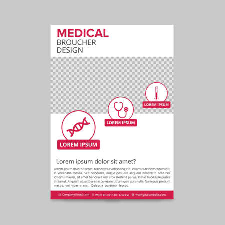 red and white medical flyer layout template, brochure background, leaflet with cover, vector design in a4 size for business. For web design and application interface, also useful for infographics. Vector illustration.のイラスト素材