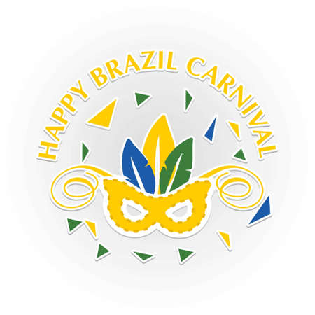 happy brazilian carnival festival. carnival mask in yellow color and white stroke with colorful leaves on grey background. For web design and application interface, also useful for infographics. Vector illustration.のイラスト素材