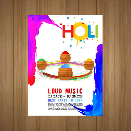 Happy Holi Festival. The Festival of Colors. White brochure having colorful watercolor, typography and sample text. For web design and application interface, also useful for infographics. Vector illustration.のイラスト素材