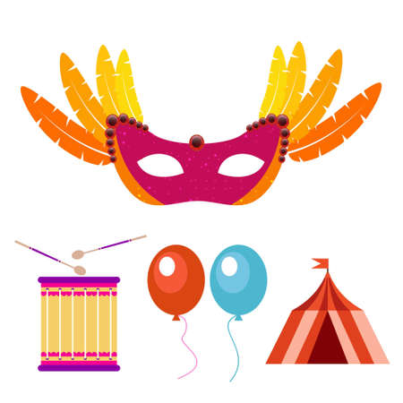 Happy Brazilian Carnival Day. Carnival mask, drum, balloons and camp. For web design and application interface, also useful for infographics. Vector illustration.のイラスト素材