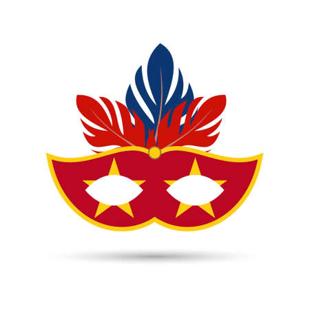 red carnival mask with yellow stars and stroke having red and blue feathers on white background. For web design and application interface, also useful for infographics. Vector illustration.のイラスト素材