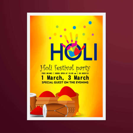Happy Holi Festival. The Festival of Colors. White brochure having Holi elements, typography and sample text. For web design and application interface, also useful for infographics. Vector illustration.のイラスト素材
