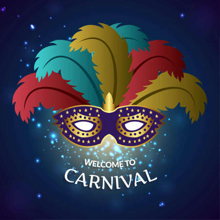 Happy Brazilian Carnival Day. purple carnival mask with golden elements and colorful leaves on blue background. For web design and application interface, also useful for infographics. Vector illustration.のイラスト素材