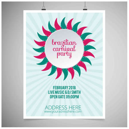 Happy Brazilian Carnival Day. red and green feathers in circular manner with sample text on green abstract brochure. For web design and application interface, also useful for infographics. Vector illustration.のイラスト素材