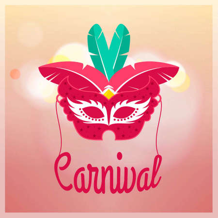 Red carnival mask with red and green feathers on light pink background with red typography. For web design and application interface, also useful for infographics. Vector illustration.のイラスト素材