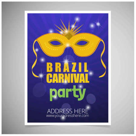 Happy Brazilian Carnival Day. blue carnival brochure with golden mask, typography. For web design and application interface, also useful for infographics. Vector illustration.のイラスト素材