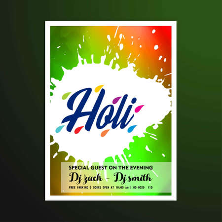 happy holi festival. white holi brochure having colorful watercolors, creative typography and sample text. For web design and application interface, also useful for infographics. Vector illustration.のイラスト素材