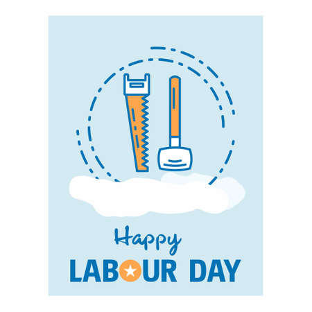 Happy Labour day design with vintage theme blue and orange with saw logo. For web design and application interface, also useful for infographics. Vector illustration.のイラスト素材