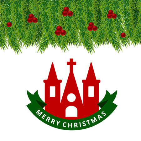 Christmas card woth church and green leafs frame. For web design and application interface, also useful for infographics. Vector illustration.のイラスト素材