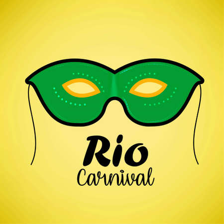 Happy Brazilian Carnival Day. Green carnival mask with black outline on yellow background. For web design and application interface, also useful for infographics. Vector illustration.のイラスト素材