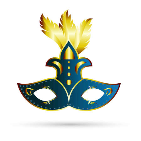 Happy Brazilian Carnival Day. Blue and golden elegant carnival mask with golden feathers on white  background. For web design and application interface, also useful for infographics. Vector illustration.のイラスト素材