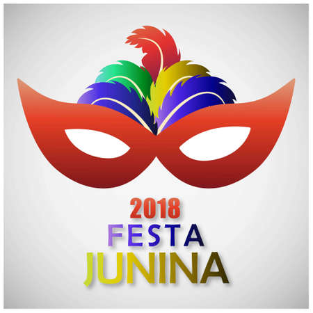 red carnival mask with colorful feathers and colorful typography on grey background. For web design and application interface, also useful for infographics. Vector illustration.のイラスト素材