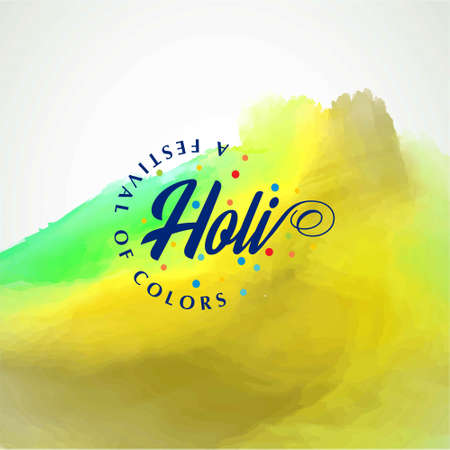 happy holi festival. white holi background with yellow and green watercolor and creative typography. For web design and application interface, also useful for infographics. Vector illustration.のイラスト素材