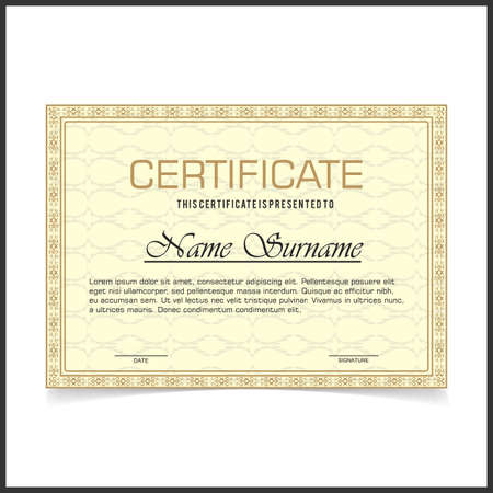 Vector certificate template with yellow designe borders on pale yellow card.. For web design and application interface, also useful for infographics. Vector illustration.のイラスト素材