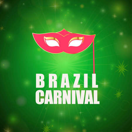 Happy Brazilian Carnival Day. Pink carnival mask with golden elements and white typography on green shiny background. For web design and application interface, also useful for infographics. Vector illustration.のイラスト素材