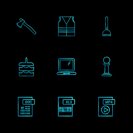 Axe , safety jacket , pump , cake , word document , laptop , mp4 file , pole ,excel file , icon, vector, design,  flat,  collection, style, creative,  iconsのイラスト素材