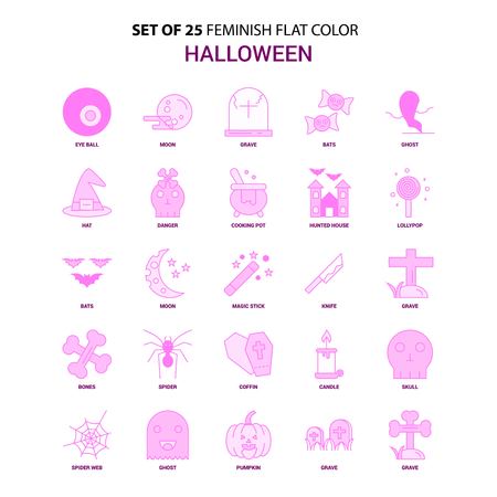 Set of 25 Feminish Halloween Flat Color Pink Icon setのイラスト素材