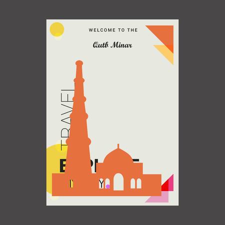 Welcome to The Qutb Minar Delhi, India Explore, Travel Enjoy Poster Templateのイラスト素材
